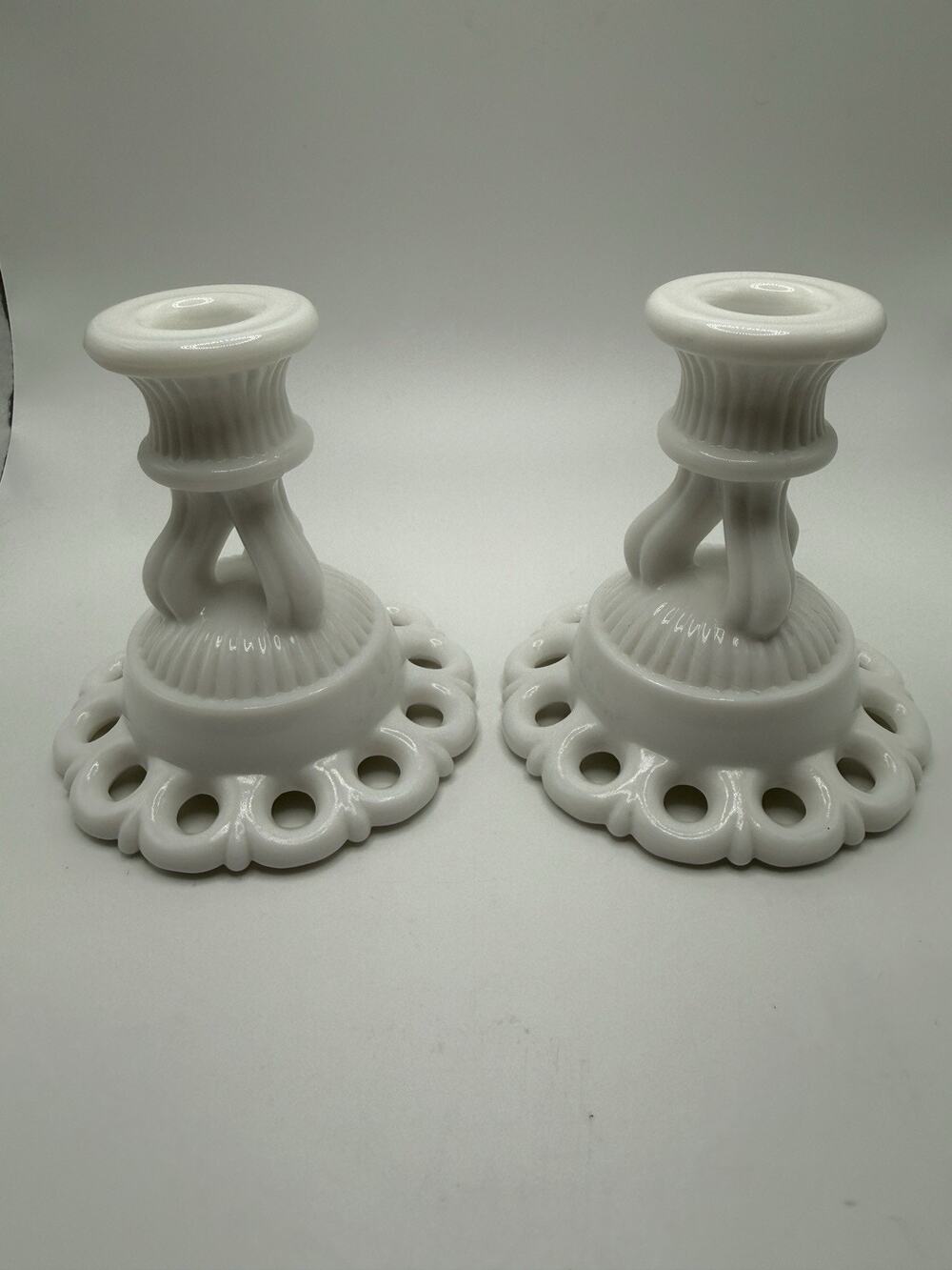 Vtg 50s Westmoreland Milk Glass Open Candlesticks Lace Doric Coquette Pair MCM